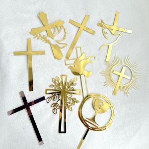 Easter Bunny Cake Topper Acrylic Gold Plate Holy Cross Communion Baby Shower Easter Egg Happy Party Cupcake Decoration