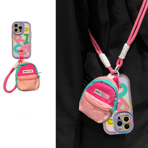 Creative Geometric Smiley Silicone Phone Case for Apple 15ProMax 16Plus with Crossbody Rope Womens Protection Cover for iPhone 6/7/8 11p/12/XS