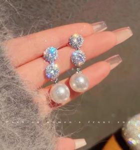 Bright Lady ~ Zircon Pearl Earrings Fancy Niche Style Unique Graceful Earrings Womens Sterling Silver Classic Style Earrings