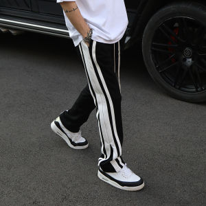 กางเกงลำลองลายทางสีตัดกันแนวไฮสตรีทยอดนิยมสไตล์อเมริกัน0330กางเกงขาตรงทรงหลวมทิ้งตัวแบรนด์ยอดนิยมสำหรับผู้ชายกางเกงมีซิปซักด้วยน้ำได้