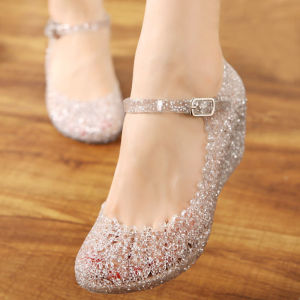 IELGY รองเท้าส้นเตารีดคัตเอาท์รองเท้าแตะคริสตัลสำหรับผู้หญิงฤดูร้อนแฟชั่นแนวลำลองชายหาดกันลื่น