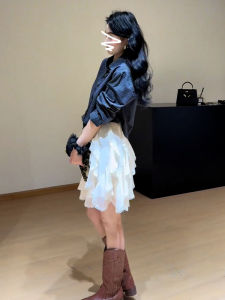 กระโปรงสั้นทรงเค้กครึ่งตัวสีขาว ทรงเอ ทรงไม่สมมาตร สำหรับผู้หญิง สไตล์หวาน ฤดูใบไม้ร่วง ฤดูหนาว กระโปรงสั้นทรงเค้กไซส์เล็ก