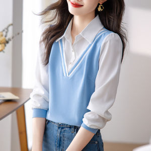 เสื้อเชิ้ตผู้หญิงถักแขนยาวแฟชั่นฤดูใบไม้ผลิและฤดูใบไม้ร่วง 2025 ใหม่ เสื้อเชิ้ตสไตล์สองชิ้นเทียม เสื้อเชิ้ตคอโปโลแขนยาว