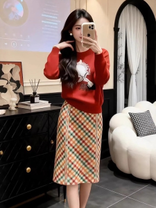 VKSOD | Trendy Red Cozy Mid-length Skirt Autumn Winter Style Sweater
