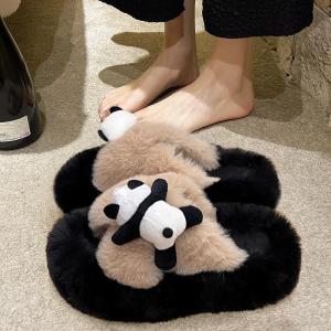 MONLEYTA | Womens Thick Bottom Fur Slippers Indoor Home Plush Soft Cotton Slippers Cross Buckle Anti-Slip EVA Outsole Korean Style