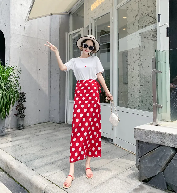 Summer New Polka Dot One Piece Midi Skirt Women's Long A-Line High