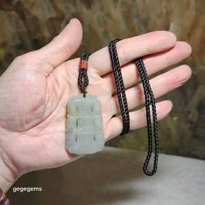 Type A Jadeite light green both sides carvings Bamboo & Bat Jade pendant (with certificate) 翡翠淡绿双面雕刻祝福(竹、蝙蝠)吊坠(带证书) 竹报平安 节节高升