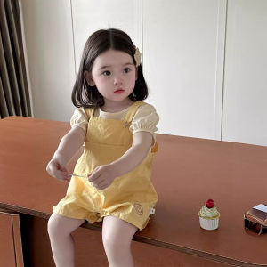 Baby Girls Summer Outfit Short Sleeve T-Shirt And Overalls Two-Piece Set Lightweight Cotton round Neck Button Closure Clothes