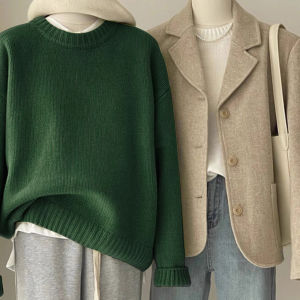 Japanese-Style Retro Dark Green Sweater Womens Fall and Winter Loose and Lazy Style round Neck Pullover Base Inner Sweater Thickened