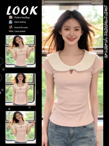 Sweet Korean Style Collar Pink Slim Fit Summer T-Shirt