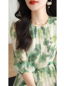  Printed Lantern Sleeve Chiffon Dress Summer High Waist A-Line Short Sleeve Long Dress round Neck Gown Commute Simple Style