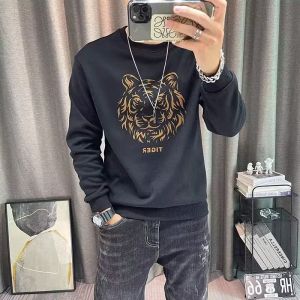 2024 New Arrival European Goods Pure Cotton Tiger Head Print Sweatshirt Mens Autumn and Winter Fleece-lined Trendy Long-Sleeve Slim-Fit Base T-shirt