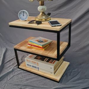 โต๊ะข้างเตียง 50x30x50 แบบ S งานไม้แท้ 100% เคลือบ PU ขาเหล็ก สีดำ ไม้สีใส