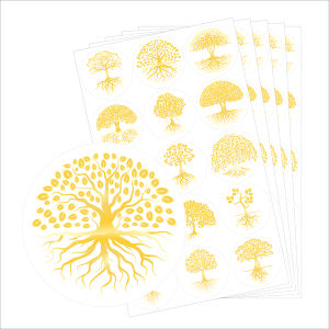 75 Pcs Golden Transparent Tree of Life Stickers 1.5" Round 15 Designs Gold Foil Glossy PVC for Phone Journal Cup Ceramic