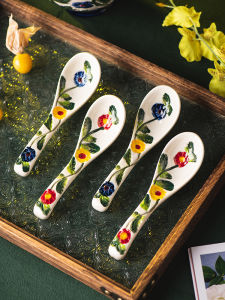 Begonia Spoon Ceramic Small Spoon Household Soup Spoon Retro Underglaze Tableware Eating Spoon Spoon Dessert Spoon Soup Porcelain