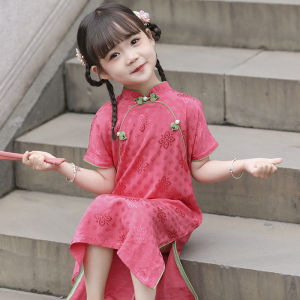 New Chinese Style Midi Dress Childrens Cheongsam Summer New Arrival Girls Hanfu Traditional Costume Polyester Fiber Skirt