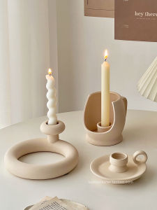European Style Retro Plain Embryo Ceramic Hollowed Candlestick Decoration Ins Living Room Dining Table Home Decoration Aromatherapy Candle Stick