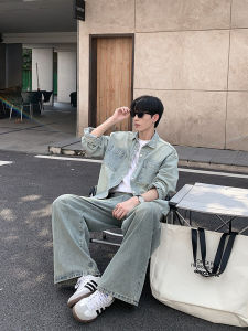 ONELYC1NS Mens Vintage Washed Denim Set Loose Long Sleeve Shirt Jacket Straight Leg Jeans Autumn Fashion Ensemble