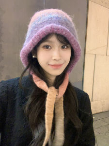 หมวกไหมพรมถักสีรุ้งสำหรับผู้หญิงในฤดูใบไม้ร่วงและฤดูหนาว หมวกปิดตา หมวกปีกกว้าง ทรงพอดีตัว หมวกไหมพรมถักแบบสวมหัว หมวกแฟชั่น