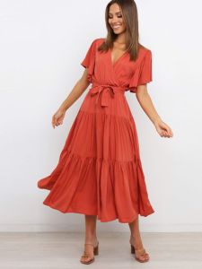 Spring Summer Candy Colored V Neck Short Sleeve Dress with Belt And Pleated Skirt High Waist a Line Long Dress Street Style