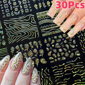 30Pcs 3D Laser Gold Retro French Line Flower Nail Art Stickers StarHeartLeaf Self-Adhesive Nail Decal Elegant Women Tips Decor