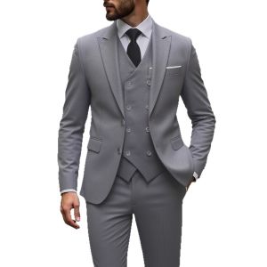 Solid Color Slim Fit Mens Tuxedo 3-Piece Set Fashion Business Wedding Suit with Peak Lapel Blazer Vest Pants Set for Party Prom