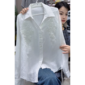 QINGNAER | High-end Beaded Shimmer Long-sleeve Shirt