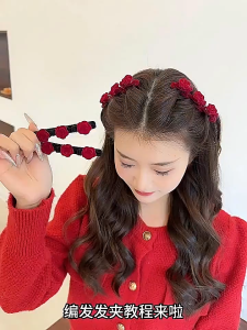 Women Girls Korean Wedding Hair Accessories Elegant Hair Clip Red Velvet Rose Flower Hairpins Fairy