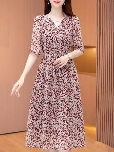 MAIMEI | Elegant Floral Embroidery Summer Dress Womens High Waist A-Line Skirt Polyester Fabric Button Detail Regular Sleeve V-Neck