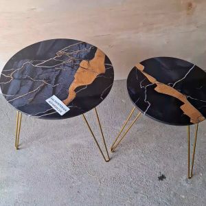 MEJA BUNDAR MOTIF MARMER KAKI BESI GOLD