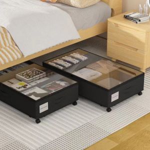 Bed under Storage Box Fabric Drawer Type with Roller Flat Transparent Viewable Underbed Organizer Box Bedroom Storage Solution