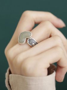 Natural Hetian Jade Good Luck Cloud Ring for Women Vintage Design Living Mouth Silver Ring Fashionable Ethnic Style Accessories