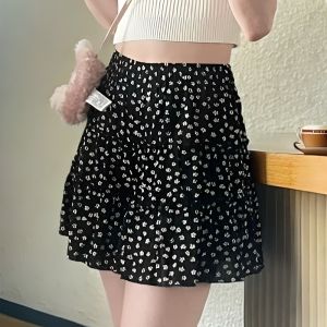 Váy Midi Chữ a Họa Tiết Hoa Cạp Cao Cho Nữ Mùa Hè Váy Ngắn Phong Cách Ngọt Ngào Màu Đen Váy Chữ a Xếp Ly Bằng Polyester