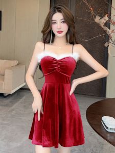 Christmas New Year Dress Socialite Elegant Furry Suspender Skirt Slim Looking Adult Lady like Woman Romantic Clothes Dress