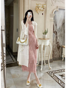 ชุดเดรสยาวคลุมเข่าแขนกุดเอวสูงสไตล์หรูหราพร้อมโบว์ผูกปม ทรงหลวม ทรงเอ เดรสฤดูร้อนสำหรับผู้หญิง