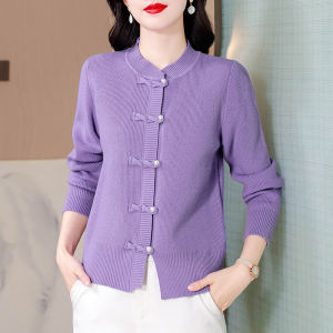 New Chinese Style Knitted Sweater Womens Autumn Winter New Model Inner And Outer Wear High Sense Mom Top Button Disk Design