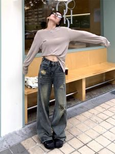 กางเกงยีนส์ทรงหลวมเอวสูงสไตล์ย้อนยุคสไตล์อเมริกัน กางเกงขายาวทรงตรงบางๆ สำหรับผู้หญิงในฤดูใบไม้ร่วงและฤดูหนาว