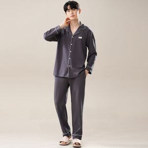 Miiow | Pure Cotton Long Sleeve Open Cardigan Pants Sleepwear Lightweight Autumn Mens Home Clothes Soft Comfortable Breathable Mens Pyjamas