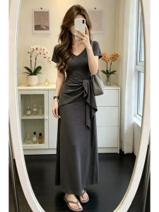 QINWEIYU | Đầm Maxi Không T Tay Phong Cách Pháp Màu Xám Gợi Cảm