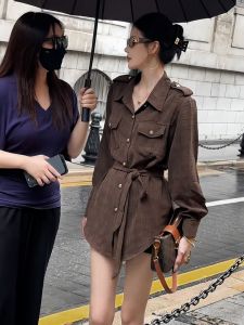 French Unique Premium Shirt Waist Cinched Belted Top Fresh Commute Fashion High Waist Polyester Fiber Long Sleeve round Neck