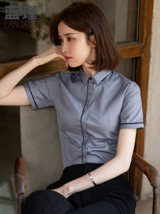 เสื้อเชิ้ตแขนสั้นผู้หญิง สีเทา ฤดูร้อน ใหม่ สไตล์เกาหลี เสื้อเชิ้ตคอเหลี่ยม สีขาว ชุดทำงาน ลำลอง บาง ผ้าฝ้ายผสมโพลีเอสเตอร์