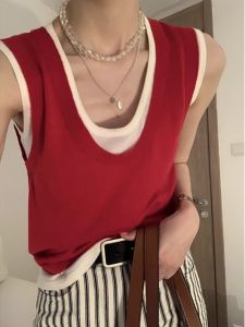 HUOLISI | Red Strappy Knit U-Neck Loose Colorblock Faux Two-Piece Top