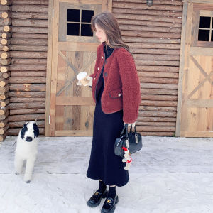 แจ็คเก็ตขนแกะสีแดง Ankela สำหรับผู้หญิง ฤดูหนาว แจ็คเก็ตขนสัตว์แบบสั้น ชุดปีใหม่ ชุดคริสต์มาส ชุดปีเกิดใหม่ แจ็คเก็ตทรงหลวม