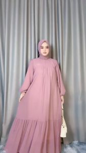 Amanda Dress Set Hijab - One Set Wanita Arabian Babydoll Setelan Wanita Gamis Terbaru Lengan Panjang Polos Baju Muslim Kekinian LD 110 cm
