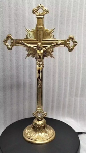 14.75 Inch Solid Brass Catholic Crucifix Standing Cross Polished Brass Church Altar Decor