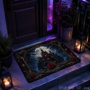 VIKAMA Gothic Castle Doormat Dark Vampire Bat Red Rose Floor Mat Non Slip Entrance Rug Halloween Home Outdoor Decor
