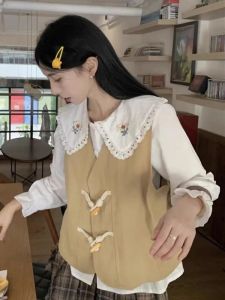 ชุดเสื้อเชิ้ตแขนยาวคอตุ๊กตาสไตล์ย้อนยุคไซส์ใหญ่สำหรับผู้หญิง ชุดสองชิ้น ฤดูใบไม้ผลิและฤดูใบไม้ร่วง หวาน สไตล์เกาหลี