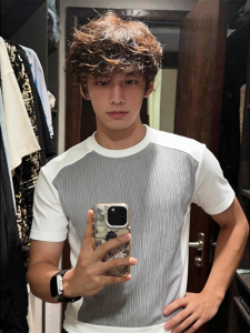 OUMULONG | Color Block Shoulder-fit Textured Streetwear T-shirt