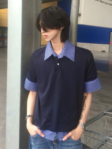 Áo Thun Polo Nam Mùa Hè Màu Xanh Lam Mỹ Giả Hai Mảnh Cổ Polo Tay Ngắn Kẻ Caro Nối Miu Thương Hiệu Áo Sơ Mi Thời Trang