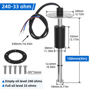 RYSJM | 1PC 240-33ohm Fuel Level Sensor 100-525mm Stainless Steel Water/Fuel Tank Level Indicator Sensor Sender Unit For Marine Boat